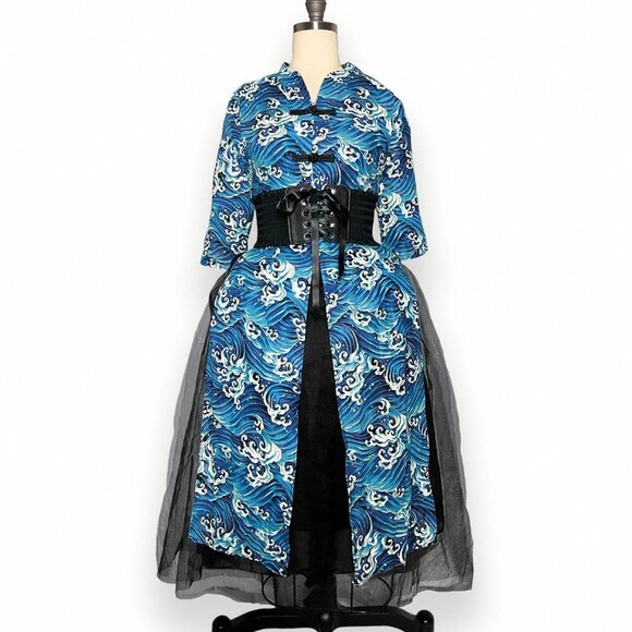 Rare Ukiyo-e Art "The Great Wave off Kanagawa" Print Mandarin Collar Dress - Picture 4 of 7